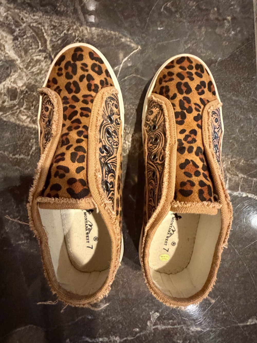 Montana West Sz 7 Leopard-Print Slip-On Sneakers - Tan & Black